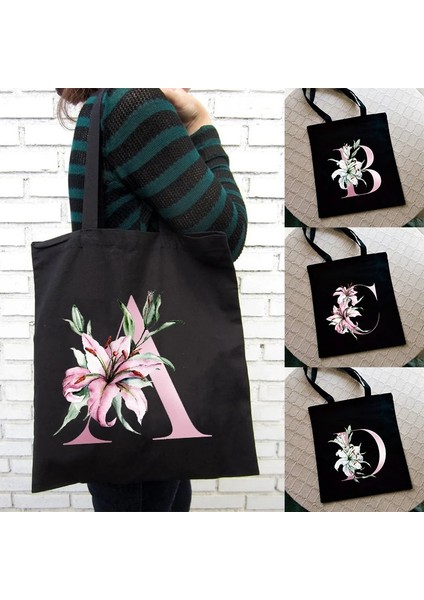 G2186-TBBK-M Stili Zambak Mektup Baskı Kadın Alışveriş Çantası Kadın Kanvas Kumaş Omuz Çantası Eko Depolama Rahat Çanta Yeniden Kullanılabilir Katlanabilir Moda Kılıf (Yurt Dışından) fiyatları