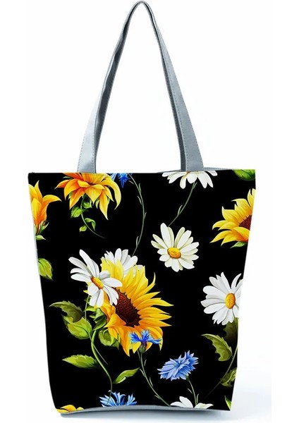 HL0154 Stili Ayçiçeği Baskılı Çanta Eko Yeniden Kullanılabilir Yüksek Kapasiteli Katlanabilir Alışveriş Çantası Bitki Çiçek Grafik Seyahat Plaj Çantası Özel Desen (Yurt Dışından) indirimleri
