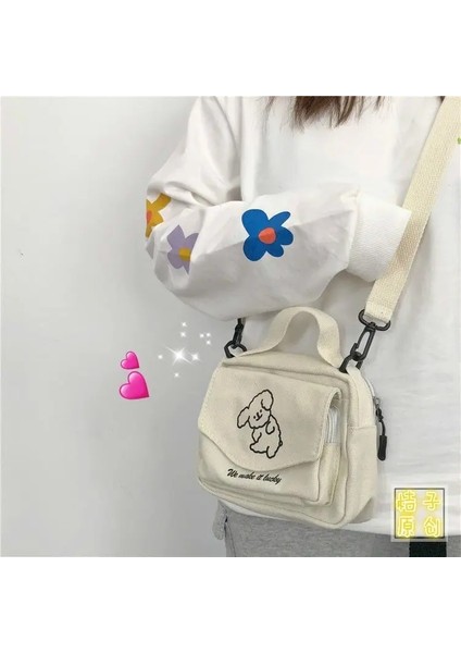 Köpek Beyaz Hiçbir Kolye Tarzı Kadın Postacı Çantaları Bayanlar Kanvas Baskılı Sevimli Zarf Çanta Bayan Tatlı Karikatür Öğrenci Omuz Çantası (Yurt Dışından)