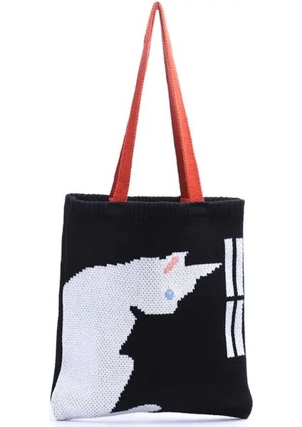 Siyah Stil Yoreai Kadınlar Örgü Omuz Çantaları Sevimli Ördek Bayanlar Karikatürler Çanta Rahat Tote Edebi Bookbag Yün Kızlar Için Alışveriş Çantası (Yurt Dışından)