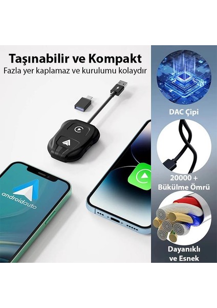Apple Iphone ve Android Ile Uyumlu Kablosuz Carplay Adaptör Çeviricisi, Ultra Hızlı Carplay Çevirici