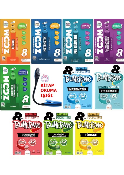 8. Sınıf Zoom Beceri Temelli Soru Bankası + Bumerang 32 Haftalıklar Superrr + Kitap Okuma Işığı