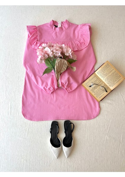 Küçüğüm Butik Pembe Puantiyeli Fırfırlı Poplin Tunik