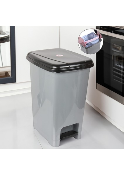 Pedallı Gri Banyo Mutfak Çöp Kovası Siyah Kapaklı Slim Pedallı Çöp Kovası 15 Litre