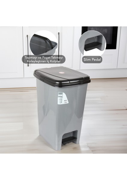 Pedallı Gri Banyo Mutfak Çöp Kovası Siyah Kapaklı Slim Pedallı Çöp Kovası 15 Litre fiyatları