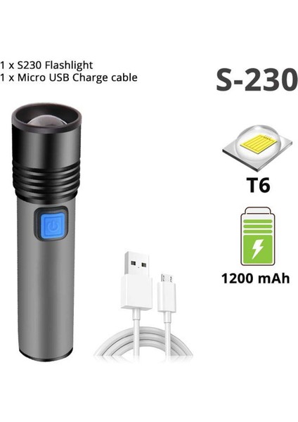 USB Şarj Edilebilir T6 LED El Feneri Mini Taşınabilir Torch Dahili 1200 Mah Lityum Pil Su Geçirmez Zumlanabilir Kamp Işık (Yurt Dışından)