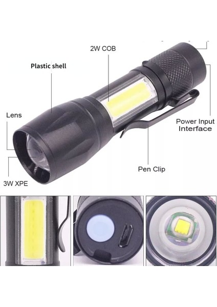 Dahili Pil Mini LED El Feneri Zoom Odak Torch Lambası Şarj Edilebilir USB Fener Ayarlanabilir Su Geçirmez Dış Mekan LED Penlight (Yurt Dışından)