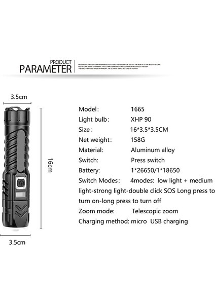 Lumiparty XHP90 LED El Feneri 4 Mod Ayarlanabilir Güçlü USB Şarj Edilebilir Su Geçirmez Zoom El Işığı (Yurt Dışından)