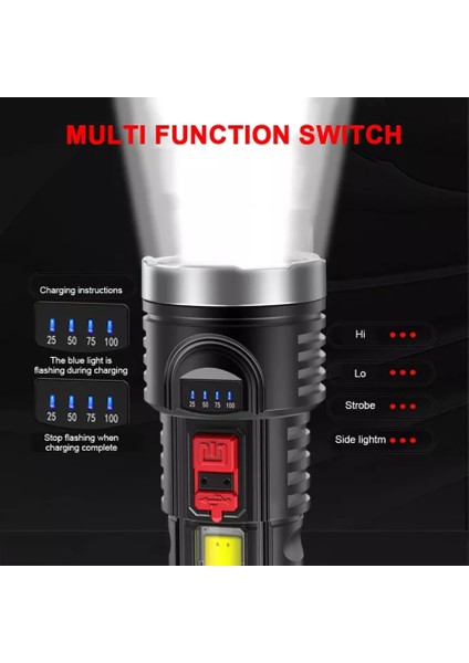 Süper Güçlü LED El Feneri Taktik Torch USB Şarj Edilebilir Su Geçirmez Lamba Ultra Parlak Fener Kamp 4 Çekirdekli Cips (Yurt Dışından)