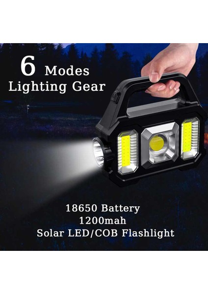 Solar Cob LED El Fenerleri 6 Mod 5W Süper Parlak Flaş Işığı 18650 Pil 1200 Mah Su Geçirmez Yan Işık Akıllı Güç Ekranı USB Şarj Kablosu ile Çalışma Işığı (Yurt Dışından)