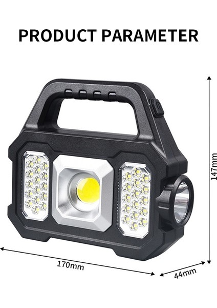 Solar Cob LED El Fenerleri 6 Mod 5W Süper Parlak Flaş Işığı 18650 Pil 1200 Mah Su Geçirmez Yan Işık Akıllı Güç Ekranı USB Şarj Kablosu ile Çalışma Işığı (Yurt Dışından)