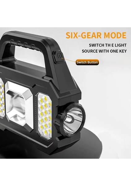 Solar Cob LED El Fenerleri 6 Mod 5W Süper Parlak Flaş Işığı 18650 Pil 1200 Mah Su Geçirmez Yan Işık Akıllı Güç Ekranı USB Şarj Kablosu ile Çalışma Işığı (Yurt Dışından)