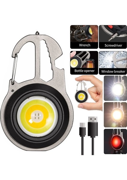 USB Şarj Edilebilir Mini Çok Fonksiyonlu El Feneri Cob Çalışma Işığı, 7 Aydınlatma Modu ile 3 Renk Şişe Açacağı Mini Tornavida Anahtarı Cam Kırıcı (Yurt Dışından)