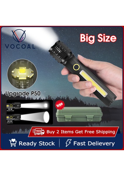 Vocoal Işığı Teleskopik Odaklama Işığı Güçlü Parlak Cob Işığı Su Geçirmez Işık Düşmeye Dayanıklı Torchlight Taşınabilir Lamba Dış Mekan Ev Acil Durumları Için Yan Işıklı Alüminyum Işık (Yurt Dışından) fiyatları