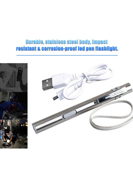 Tıbbi Kullanışlı Kalem Şekilli USB Şarj Edilebilir El Feneri Klipsli LED Torch - Tıbbi Kullanım Için Gümüş (Yurt Dışından)