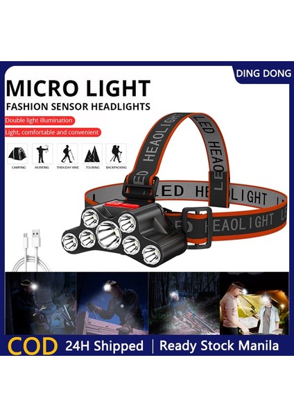 【rongcai】 7led Far Süper Parlak Su Geçirmez Far El Feneri USB Şarj Edilebilir Kafa Lambası 4 Çalışma Modu (Yurt Dışından)
