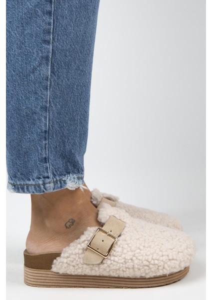 Juno Kadın Tekstil Kürklü Deri Kemerli Tokalı Bej Terlik fiyatları