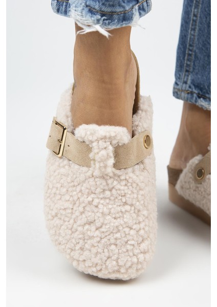 Juno Kadın Tekstil Kürklü Deri Kemerli Tokalı Bej Terlik indirimleri