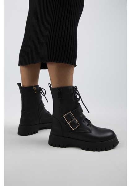 Hannah Kadın Hakiki Deri Bağcıklı Fermuarlı Tokalı Siyah Bot