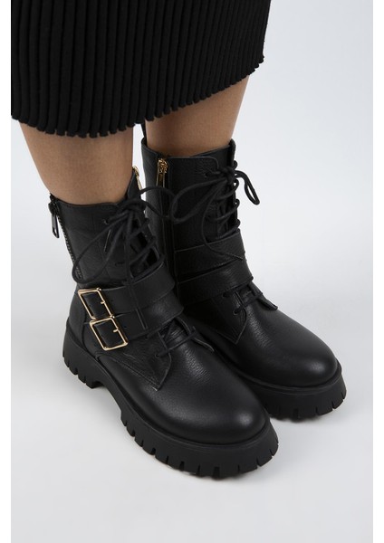 Hannah Kadın Hakiki Deri Bağcıklı Fermuarlı Tokalı Siyah Bot indirimleri