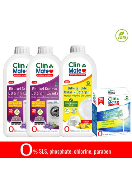 4'lü Set Bitkisel Çamaşır Deterjanı Lavanta 750 ml x 2 Adet + Eko Bulaşık Tableti + Elde Bulaşık Limon