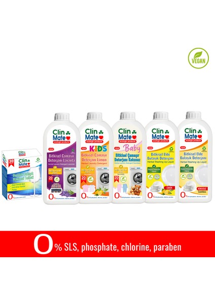 6'lı Set Ekolojik Bulaşık Tableti + Bitkisel Çamaşır Deterjanları + Elde Bulaşık Deterjanları 750 ml