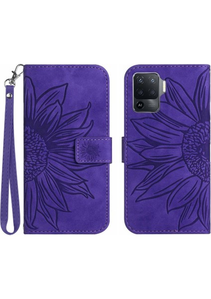 Oppo A54 4g Için /A16 Lüks Pu Deri Kabartmalı Ayçiçeği Kısa Kayış Telefon Kılıfı (Yurt Dışından)