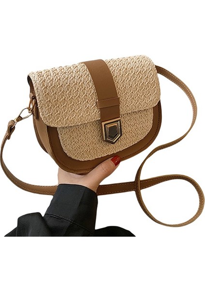 Hasır Çanta Dokuma Çanta Kadın Basit ve Taze Tek Omuz Messenger Çanta Batı Eyer Çantası (Kahverengi) (Yurt Dışından)