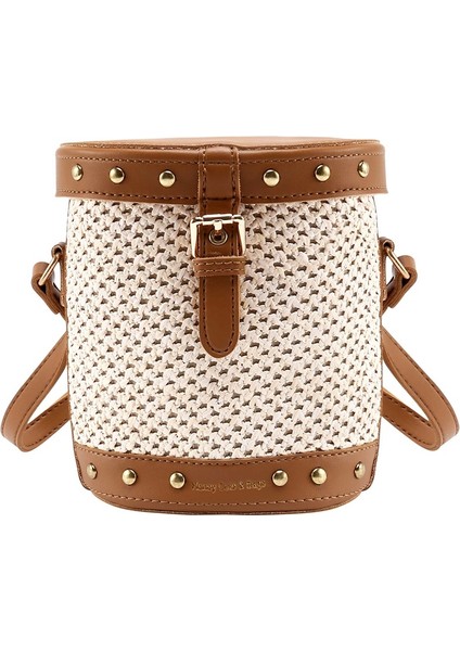 Kadın Hasır Kova Çanta Perçin Crossbody Çanta Yaz Seyahat Crossbody Omuz Çantası Kadın Tote Çanta Kahverengi (Yurt Dışından)