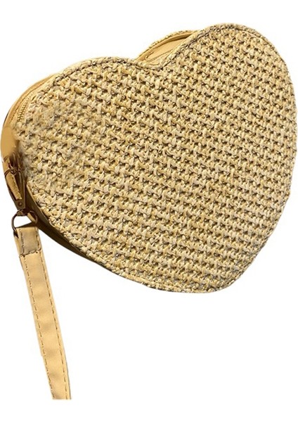 Bayanlar Hasır Dokuma Çanta Tatlı Kalp Şeklinde Crossbody Çanta Bozuk Para Cüzdanı Bayanlar Plaj Seyahat Alışveriş Çantası (Haki) (Yurt Dışından)