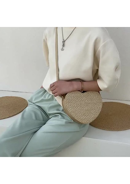 Bayanlar Hasır Dokuma Çanta Tatlı Kalp Şeklinde Crossbody Çanta Bozuk Para Cüzdanı Bayanlar Plaj Seyahat Alışveriş Çantası (Haki) (Yurt Dışından)