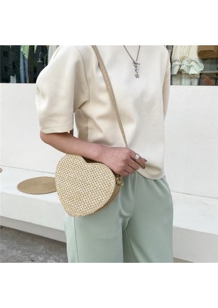Bayanlar Hasır Dokuma Çanta Tatlı Kalp Şeklinde Crossbody Çanta Bozuk Para Cüzdanı Bayanlar Plaj Seyahat Alışveriş Çantası (Haki) (Yurt Dışından)