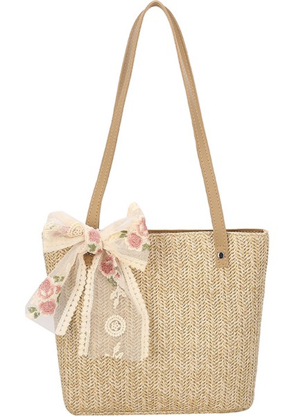 Yaz Eğlence Saman Dokuma Büyük Kapasiteli Koltukaltı Omuz Çantası Moda Çiçek Kurdele Bayan Alışveriş Çantası (Haki) (Yurt Dışından)