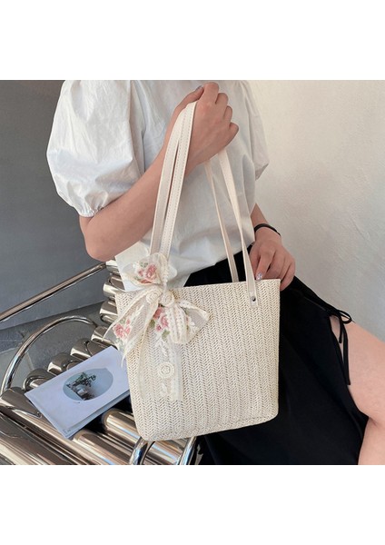 Yaz Eğlence Saman Dokuma Büyük Kapasiteli Koltukaltı Omuz Çantası Moda Çiçek Kurdele Bayan Alışveriş Çantası (Haki) (Yurt Dışından) modelleri