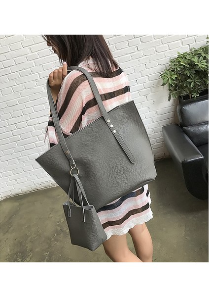 4 Adet/takım Çanta Kadın Kapasiteli Desen Deri Omuz Çantası + Crossbody Çanta + Çanta (Koyu Gri) (Yurt Dışından) fırsatları