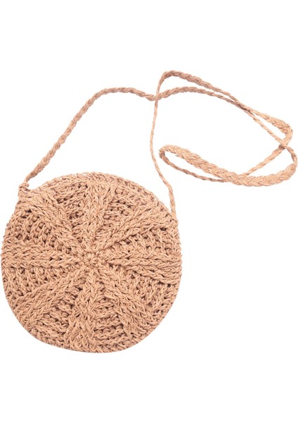 Rattan Tığ Hasır Dokuma Sepet Çanta Yuvarlak Daire Crossbody Shopper Plaj Çantası (Açık Kahverengi) (Yurt Dışından)