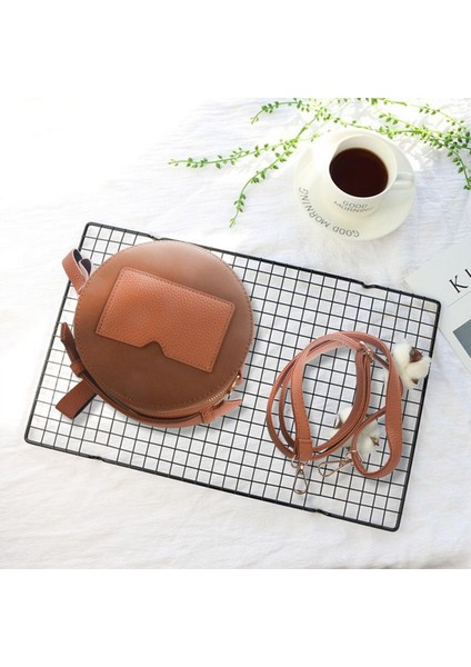 Moda Dairesel Fırçalama Pu Deri Çanta Kadın Retro Küçük Yuvarlak Omuz Çantası Kadın Daire Messenger Çanta (Kahverengi) (Yurt Dışından) fiyatları