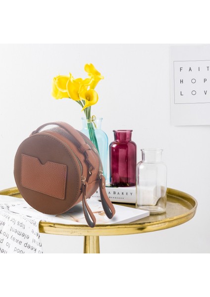 Moda Dairesel Fırçalama Pu Deri Çanta Kadın Retro Küçük Yuvarlak Omuz Çantası Kadın Daire Messenger Çanta (Kahverengi) (Yurt Dışından) modelleri