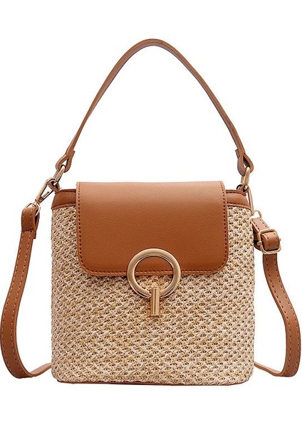 Küçük Hasır Kova Çanta Kadınlar Için Yaz Crossbody Çanta Bayan Seyahat Çantalar ve Çanta Kadın Omuz Basit Çanta Kahverengi (Yurt Dışından)