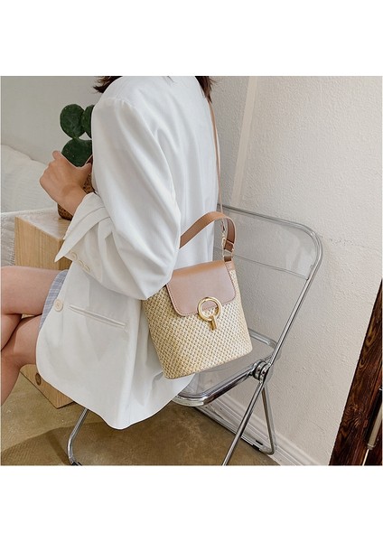 Küçük Hasır Kova Çanta Kadınlar Için Yaz Crossbody Çanta Bayan Seyahat Çantalar ve Çanta Kadın Omuz Basit Çanta Kahverengi (Yurt Dışından) modelleri