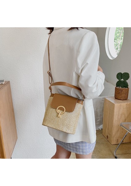 Küçük Hasır Kova Çanta Kadınlar Için Yaz Crossbody Çanta Bayan Seyahat Çantalar ve Çanta Kadın Omuz Basit Çanta Kahverengi (Yurt Dışından) fırsatları