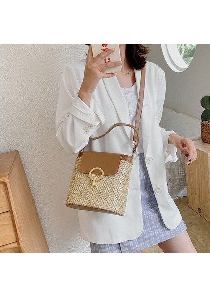 Küçük Hasır Kova Çanta Kadınlar Için Yaz Crossbody Çanta Bayan Seyahat Çantalar ve Çanta Kadın Omuz Basit Çanta Kahverengi (Yurt Dışından) indirimleri