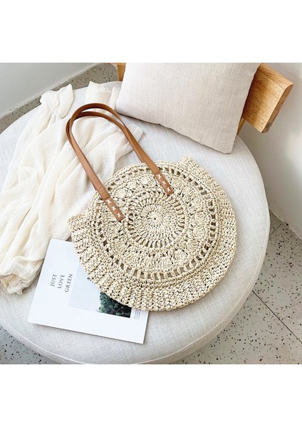 Moda Dokuma Çanta Kadın Yuvarlak Plaj Omuz Çantası Vintage Hasır Çanta Kadın Crossbody Kolu Çanta Kadın Çantası-Bej Beyaz (Yurt Dışından) indirimleri
