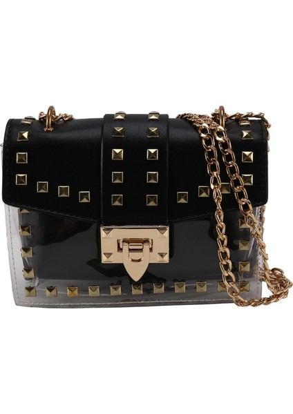 Yeni Moda Messenger Çanta Zincirler Omuz Çantası Kadın Perçinler Şeffaf Kare Pu Çanta Siyah (Yurt Dışından) modelleri
