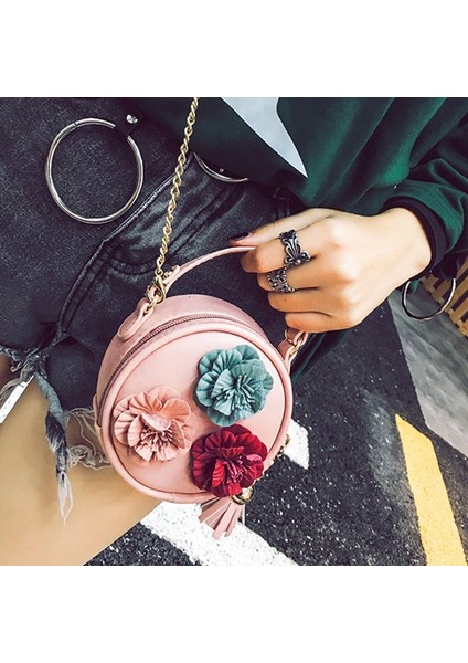 Sonbahar ve Kış Yeni Küçük Yuvarlak Çanta Sevimli Çiçek Çanta Çanta Basit Omuz Çapraz Paket Trend Pembe (Yurt Dışından)