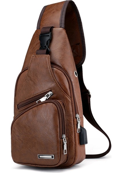 5x Mini USB Arayüzü Bol Alan Erkek Rahat Çanta Moda Açık Tek Kollu Çanta Seyahat Günü Paketi Pu Deri Crossbody Çanta (Yurt Dışından)