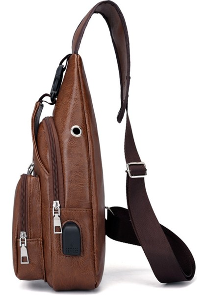 5x Mini USB Arayüzü Bol Alan Erkek Rahat Çanta Moda Açık Tek Kollu Çanta Seyahat Günü Paketi Pu Deri Crossbody Çanta (Yurt Dışından)