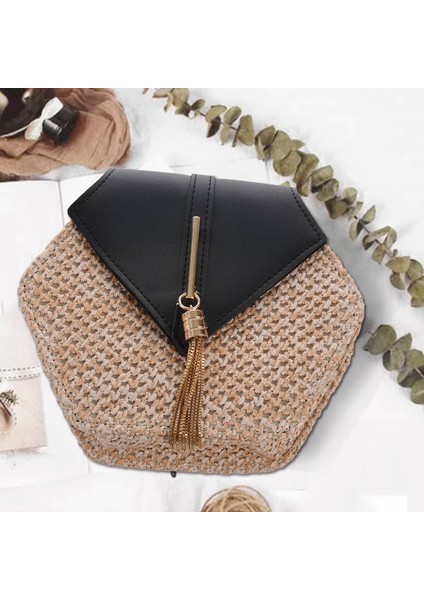 Saman Püskül Plaj Dokuma Kadın Çanta Altıgen Yaz Zincir Örgü Omuz Crossbody Küçük Çanta Messenger Siyah (Yurt Dışından) modelleri