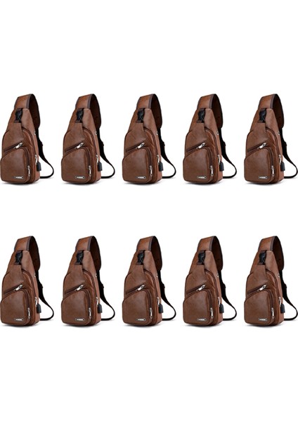 10X Mini USB Arayüzü Bol Alan Erkek Rahat Çanta Moda Açık Tek Kollu Çanta Seyahat Günü Paketi Pu Deri Göğüs Çantası (Yurt Dışından)