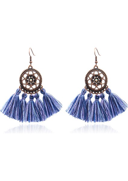 Vintage Boho Etnik Yuvarlak Dangle Bildirimi Fringe Damla Küpe Kadınlar Için Düğün Parti Yıldönümü Takı Süsler Mavi + Bronz (Yurt Dışından)